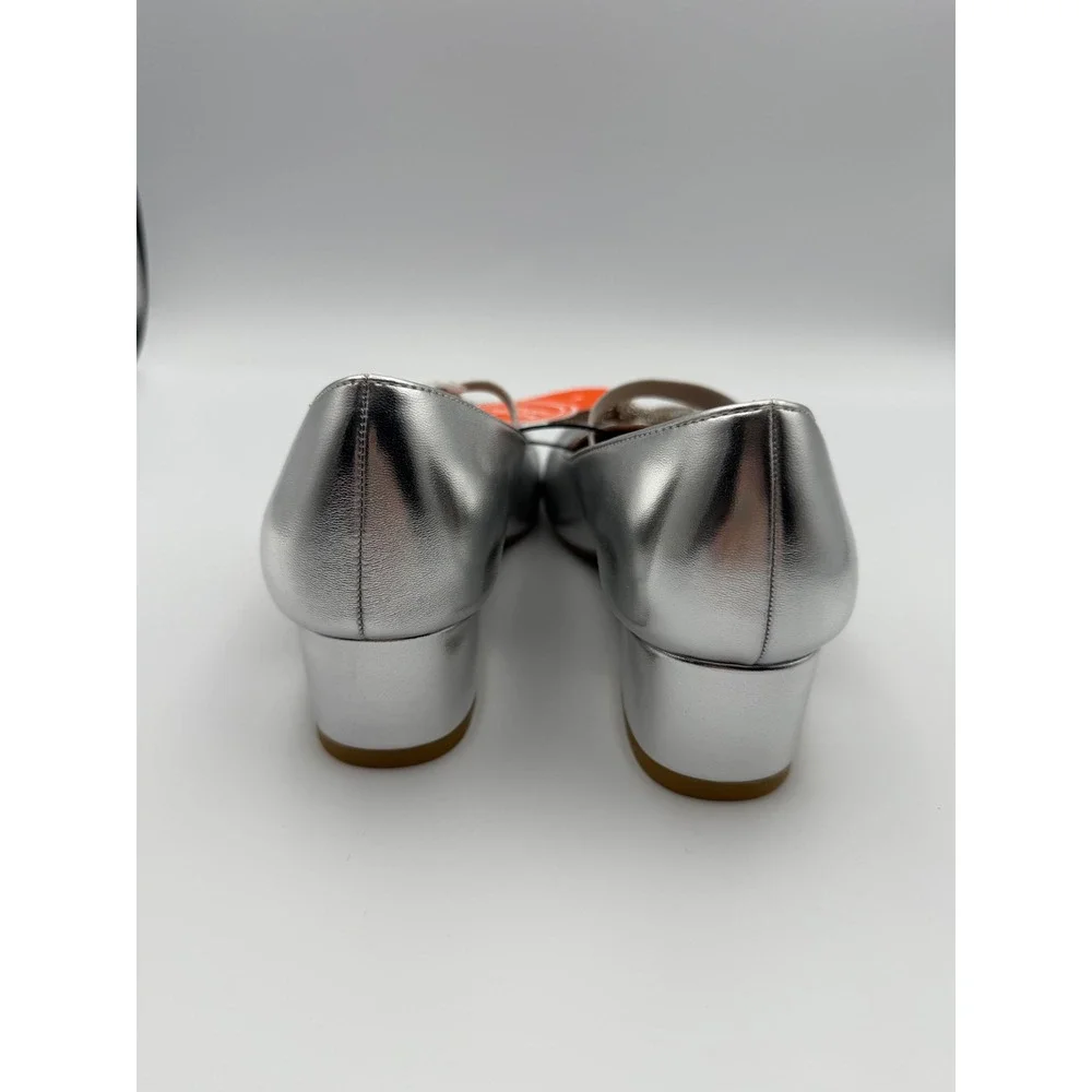 Wonder Nation Girls Silver Metallic Mary Jane Block Heels Sz4 Rhinestone Bow NWT